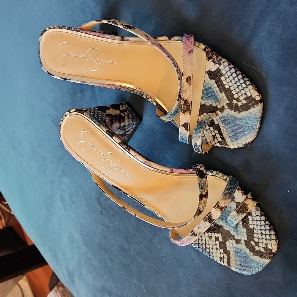 Blue snakeskin strappy heels